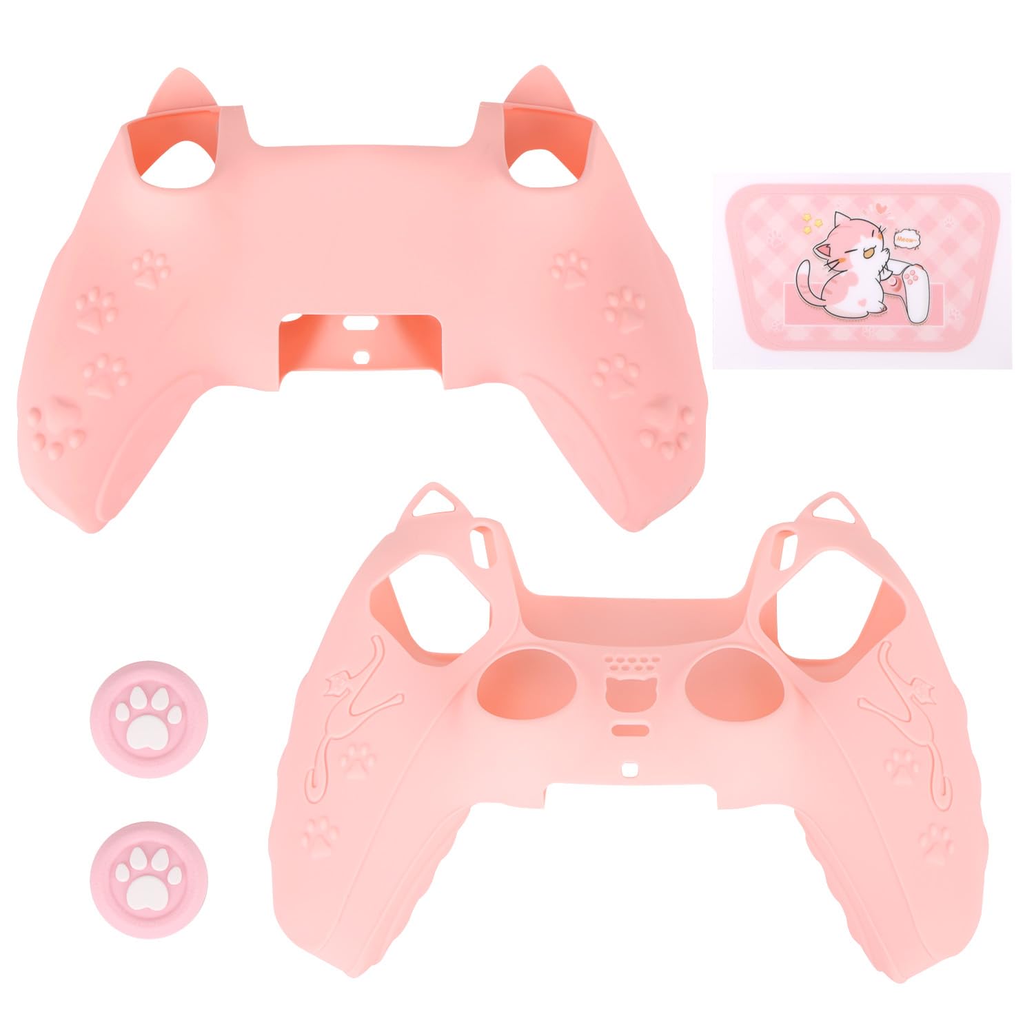 lasuroa Set Rosa Funda Mando para PS5, Huella Gato Bonita Cubierta Antideslizante Silicona Accesorios Mando Inalámbrico del PS5 Carcasa Protectora con Agarre Pulgares & Pegatina Panel Táctil