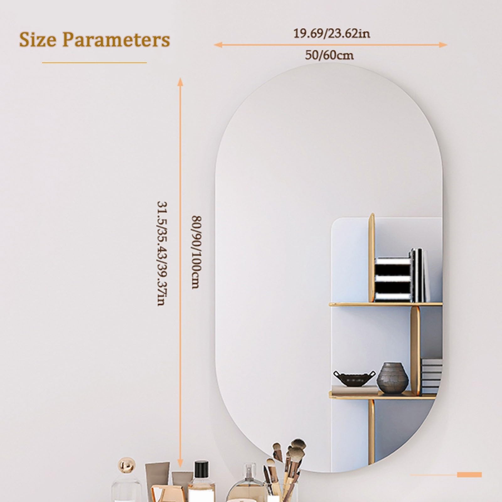 Specchio Per Il Trucco Antideflagrante Senza Cornice, 50*80cm Specchio Ovale Da Bagno, Specchio Da Parete Impermeabile, Orizzontale E Verticale, Per Camera Da Letto, Soggiorno(60*100cm/23.62*39.37in)