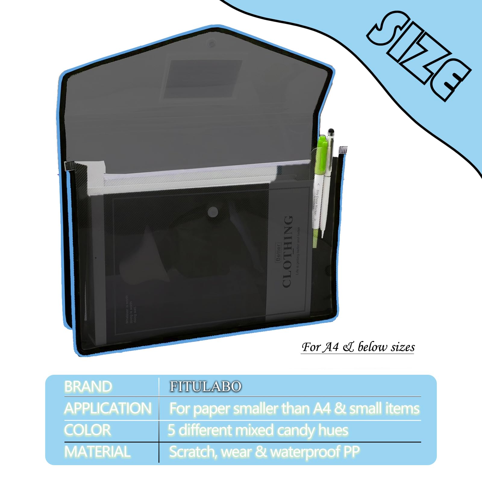 FITULABO Plastic Wallets A4, 5 Pcs Plastic File Folders for Paperwork A4, Poly Pockets Document Folder with Button Closure, Transparent Envelopes for School Office Home (10) - Image 2