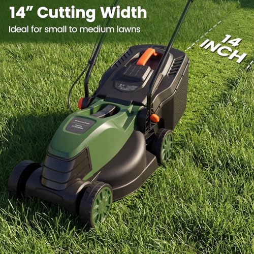 Image of DORTALA Lawn Mower, Corded 14 inch Electric Push Mower, 3-Position Cutting Height Adjustment, 9.3 Gal Grass Collection Box, 12 AMP Motor, 1500W, Lightweight Walk-Behind Mower for Small Medium Yard (Green)