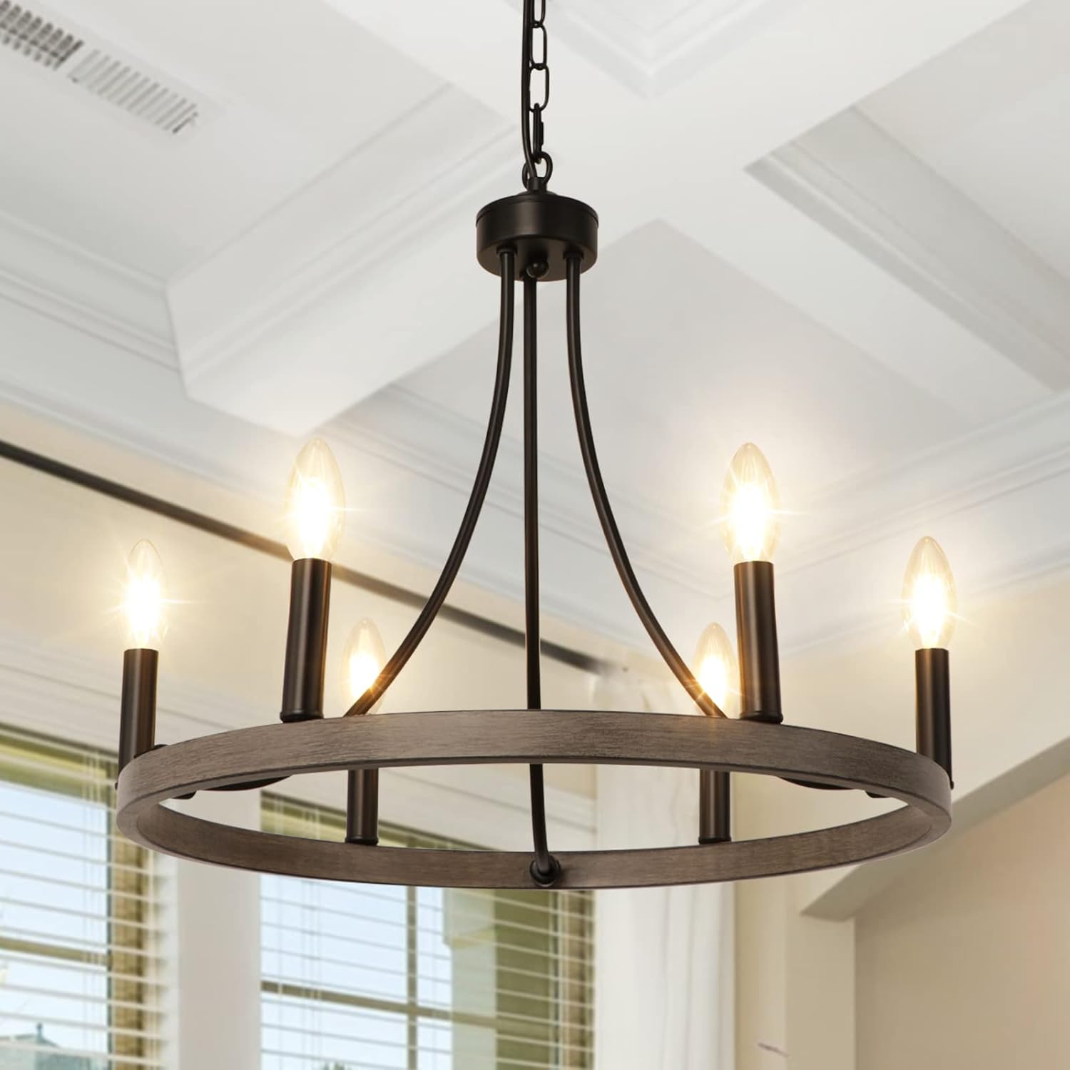 WBinDX Wagon Wheel Chandelier Diam 20'', 6 Lights Round Farmhouse Chandeliers Black Rustic Candle Dining Room Light Fixture Hanging for Kitchen Island Foyer Living Room Entryway 6-Lights