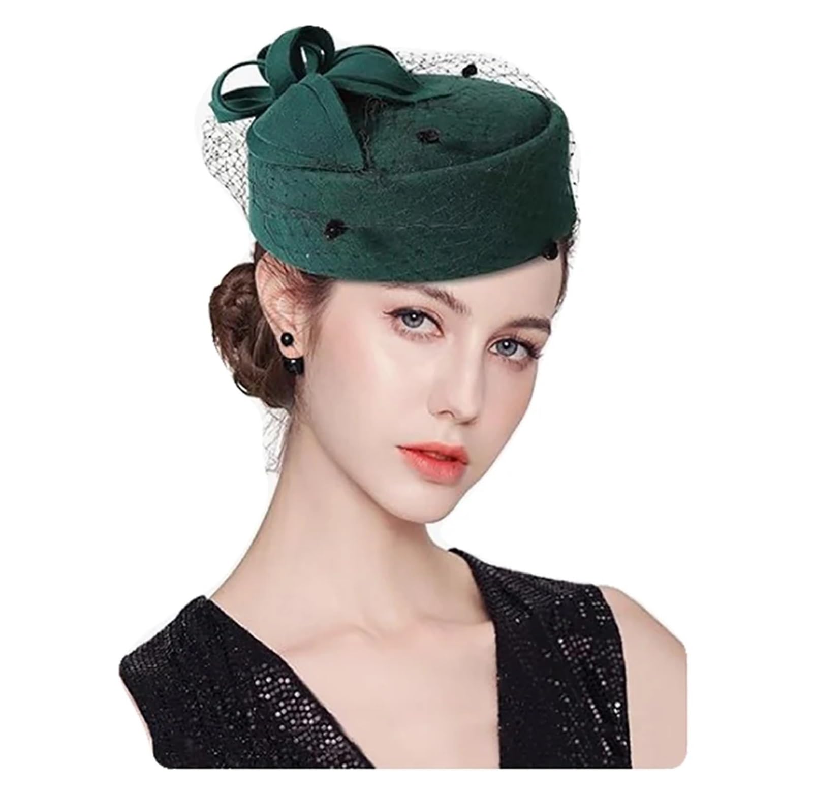 Cappello da cerimonia in lana, invernale, in feltro, a forma di tamburello, for donna, chiesa, con velo e fiocco, stile Fedora Per Matrimoni, Cerimonie