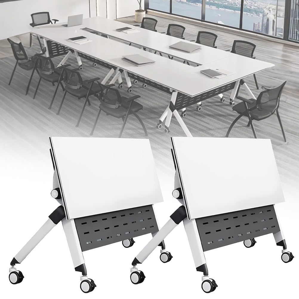 Ovlirpl Folding Conference Table, Conference Room Tables, Flip Top Rolling Mobile Desks with Lockable Wheels, Modern Portable Seminar Training Meeting