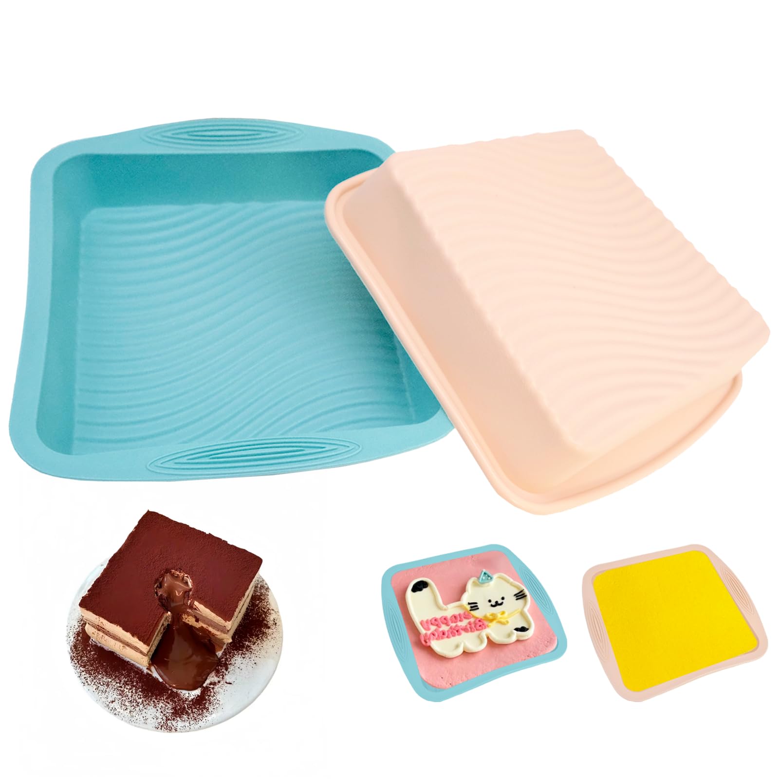 HVIHWI 2 Pcs Silicone Cake Moulds, Rectangular Baking Tray, Non-Stick Brownie Pan Flexible Cake Pan for Cheesecake, Brownie, Cake, Bread, Chocolate Pie, 26×26×5cm (Multicoloured)