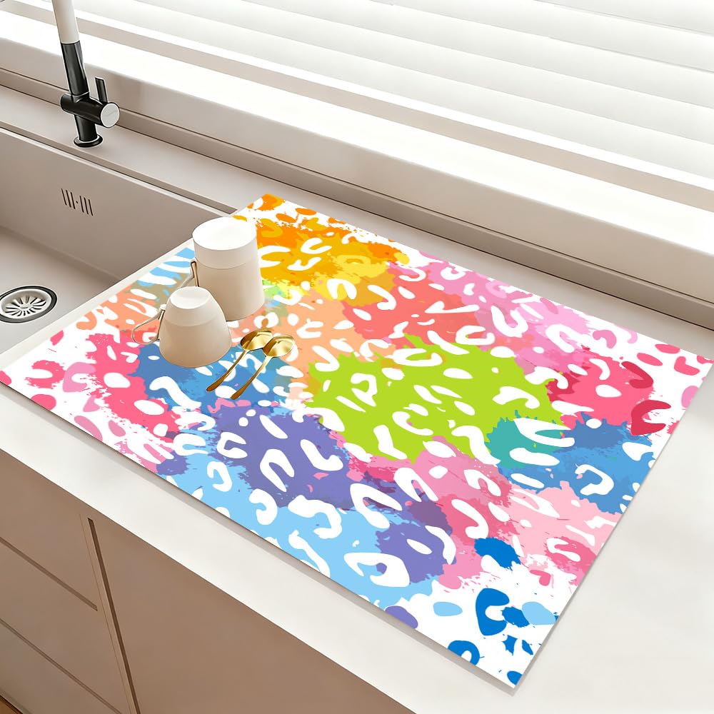Chickwin Quick-Drying Mat, Leopard Print Diatomaceous Sink Mat, Non-Slip Quick Absorbent Drainer for Kitchen Sink Coffee Machine Dish Rack Marble Worktop (Colourful,40x50cm)