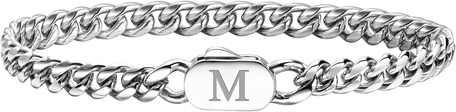 XUANPAI Initial Bracelets for Men, A-Z Letter Bracelet, Silver Men's Bracelet with Initial, Stainless Steel Stylish Non Tarnish Cuban Link Bracelet for Men, Jewellery Gifts, 21 cm