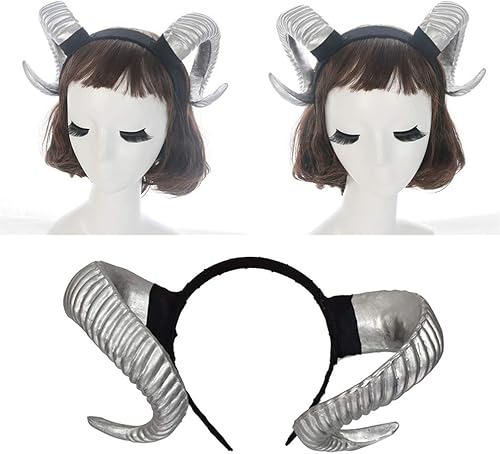 Miniatura 3 de NUOBESTY Diadema de cuerno de oveja, diadema de cuernos de demonio del diablo para disfraz de Halloween, cosplay, accesorios de fotos (plateado)