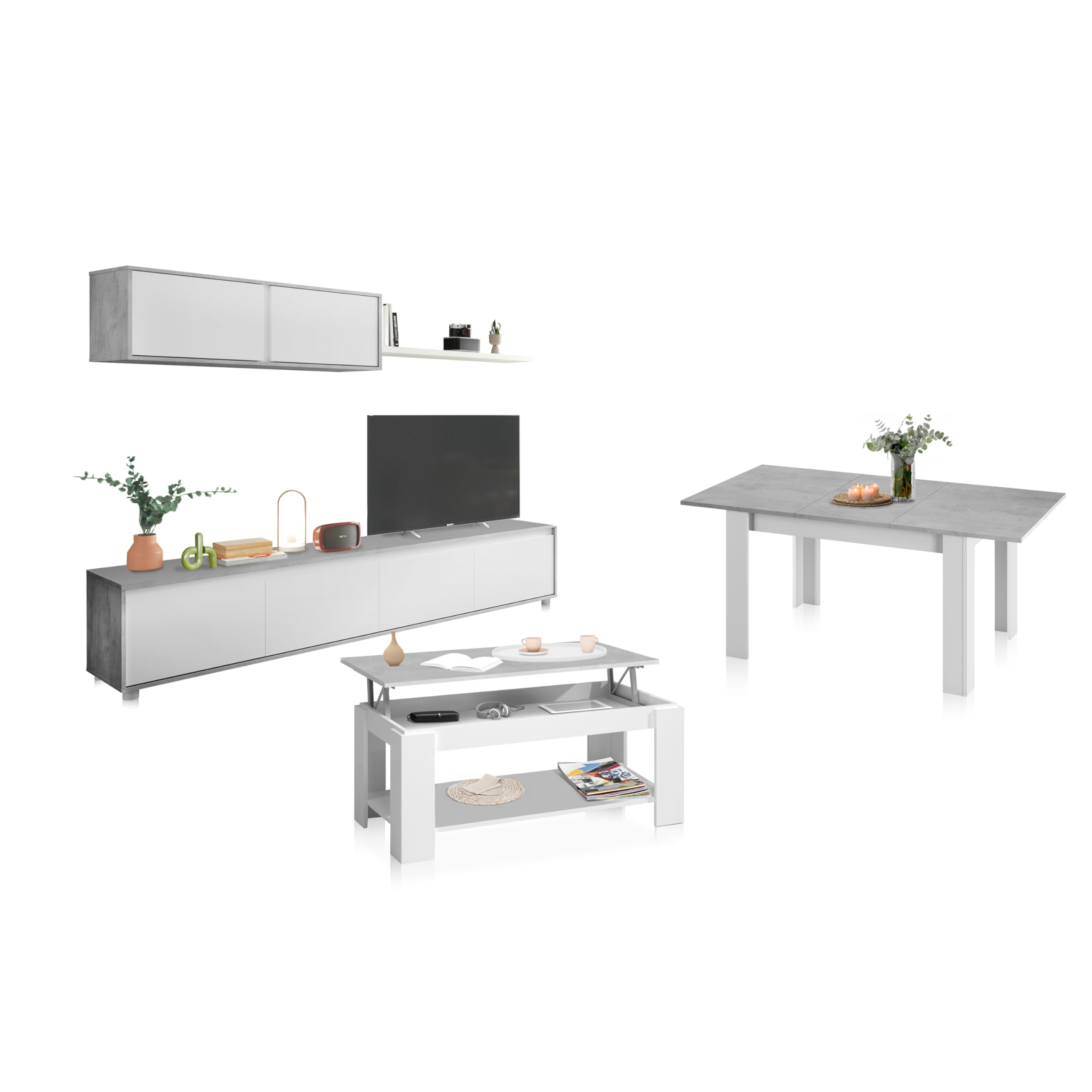 duehome | Pack de Salon con Modulo TV + Mesa de Centro Elevable y Mesa de Comedor, Conjunto de Salon, Modelo Arlet MAX V1, Acabado en Blanco Artik y Cemento
