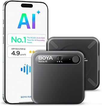BOYA Notra AI Voice Recorder,3-Mode Capture -Ambient/Phone Call/Bluetooth, AI Transcription&Smart Summary, Support 140+ Languages, 64GB Storage, Magnetic Note Taker for Meetings,Lectures,Interviews