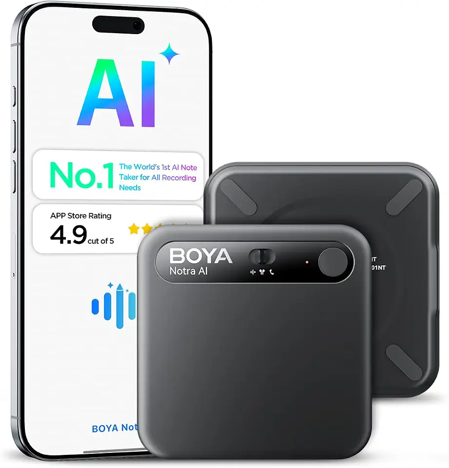 BOYA Notra AI Voice Recorder,3-Mode Capture -Ambient/Phone Call/Bluetooth, AI Transcription&Smart Summary, Support 140+ Languages, 64GB Storage, Magnetic Note Taker for Meetings,Lectures,Interviews