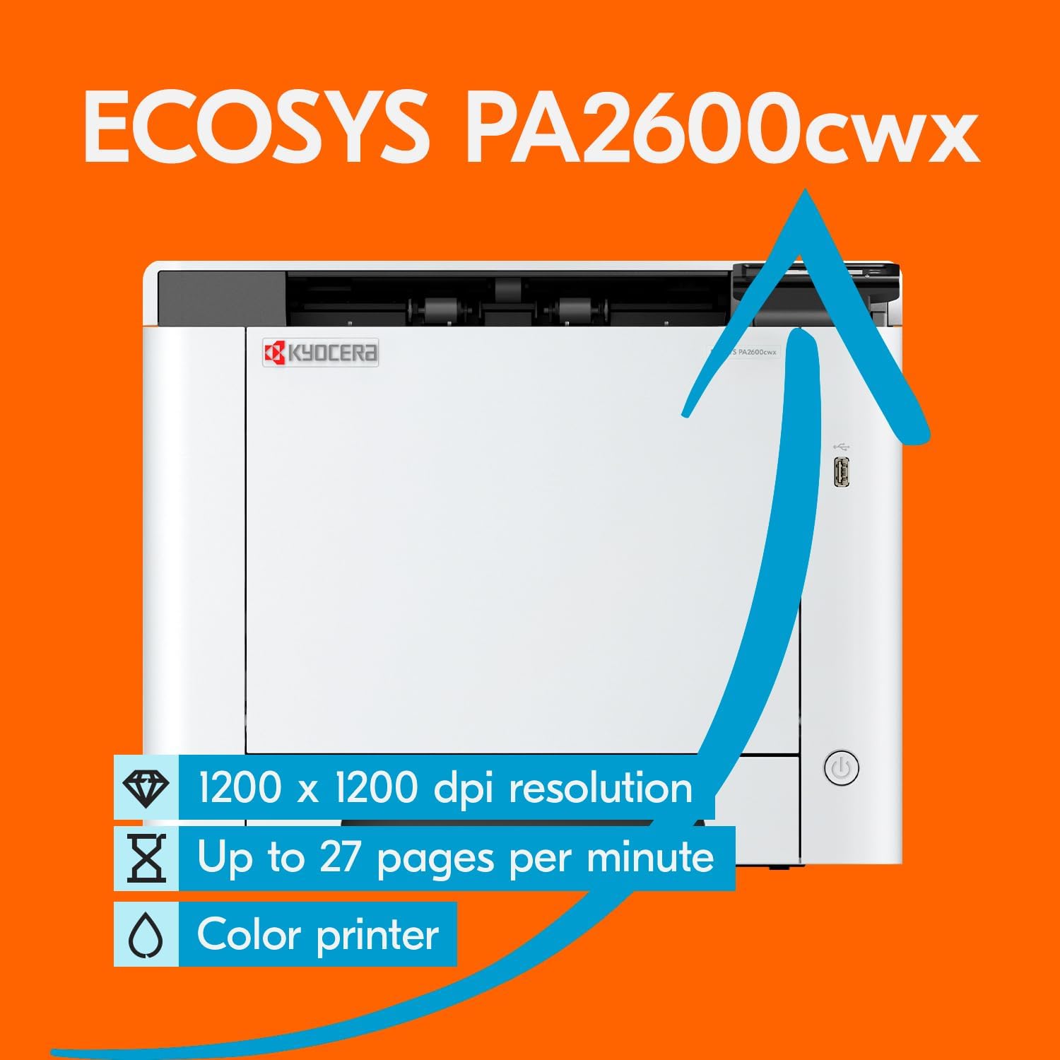 KYOCERA ECOSYS PA2600cwx Color Laser Printer, 27 ppm, 1200 dpi, Wi-Fi Direct, 1GB Memory, 2.7 inch Color Touch Screen Control Panel