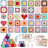 Katech Crochet Kit for Beginners, 50 Granny Squares Crochet Kits for Adults Beginner Learn to Crochets w/Step-by-Step Video Tuturials, Knitting Kit w/1378yds Yarn Granny Square Card Deck- 80% Cotton