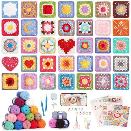 Katech Crochet Kit for Beginners 50 Granny Squares Crochet Kits for Adults Beginner Learn to Crochets w/Step-by-Step Video Tuturials Knitting Kit w/1378yds Yarn Granny Square Card Deck- 80% Cotton