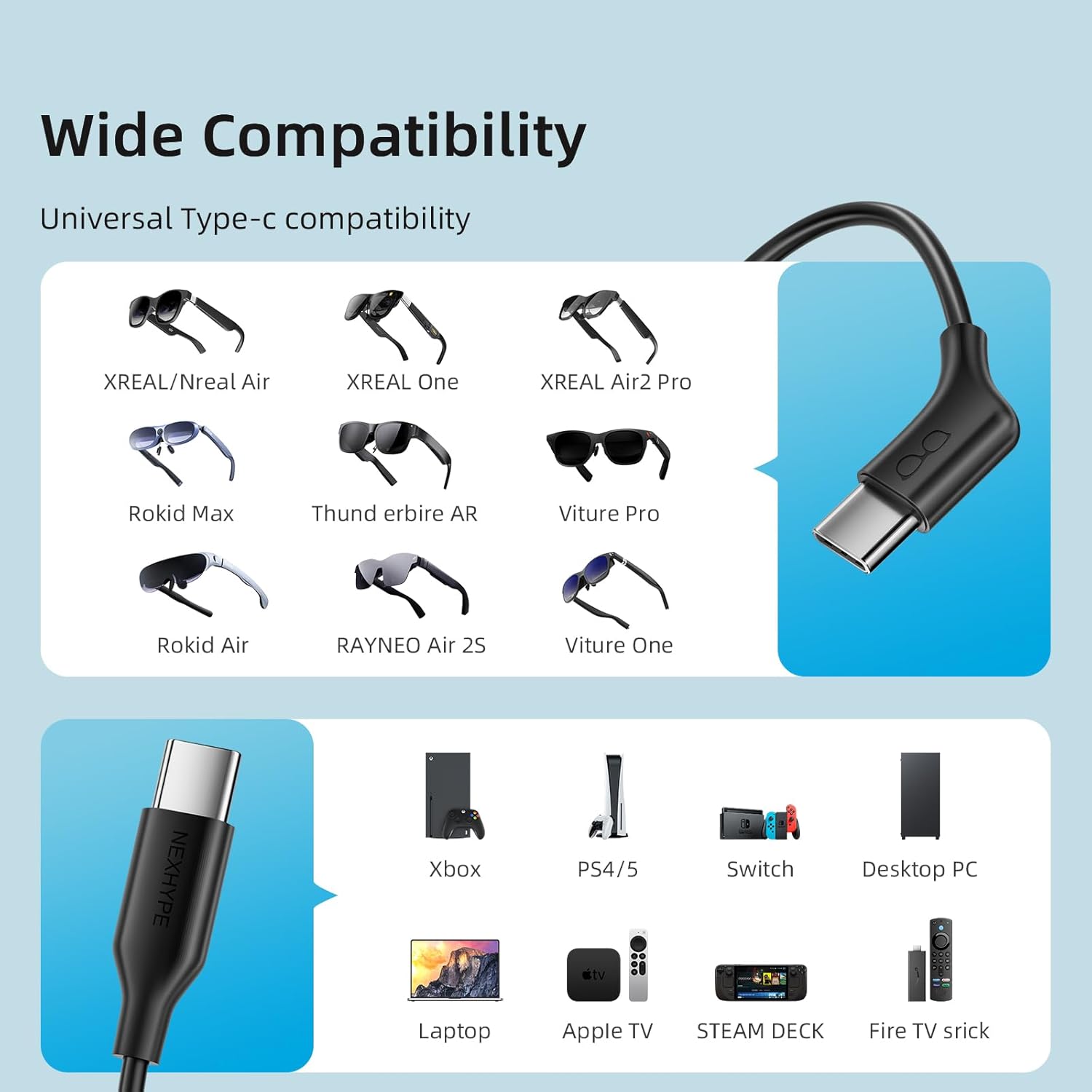 AR Glasses Cable 2M/6.6FT USB to USB-C, Portable AR Smart Glasses Charger Adapter Type-C Data Cable for Watching Movies and Playing Games for Xreal Rokid RayNeo Viture AR