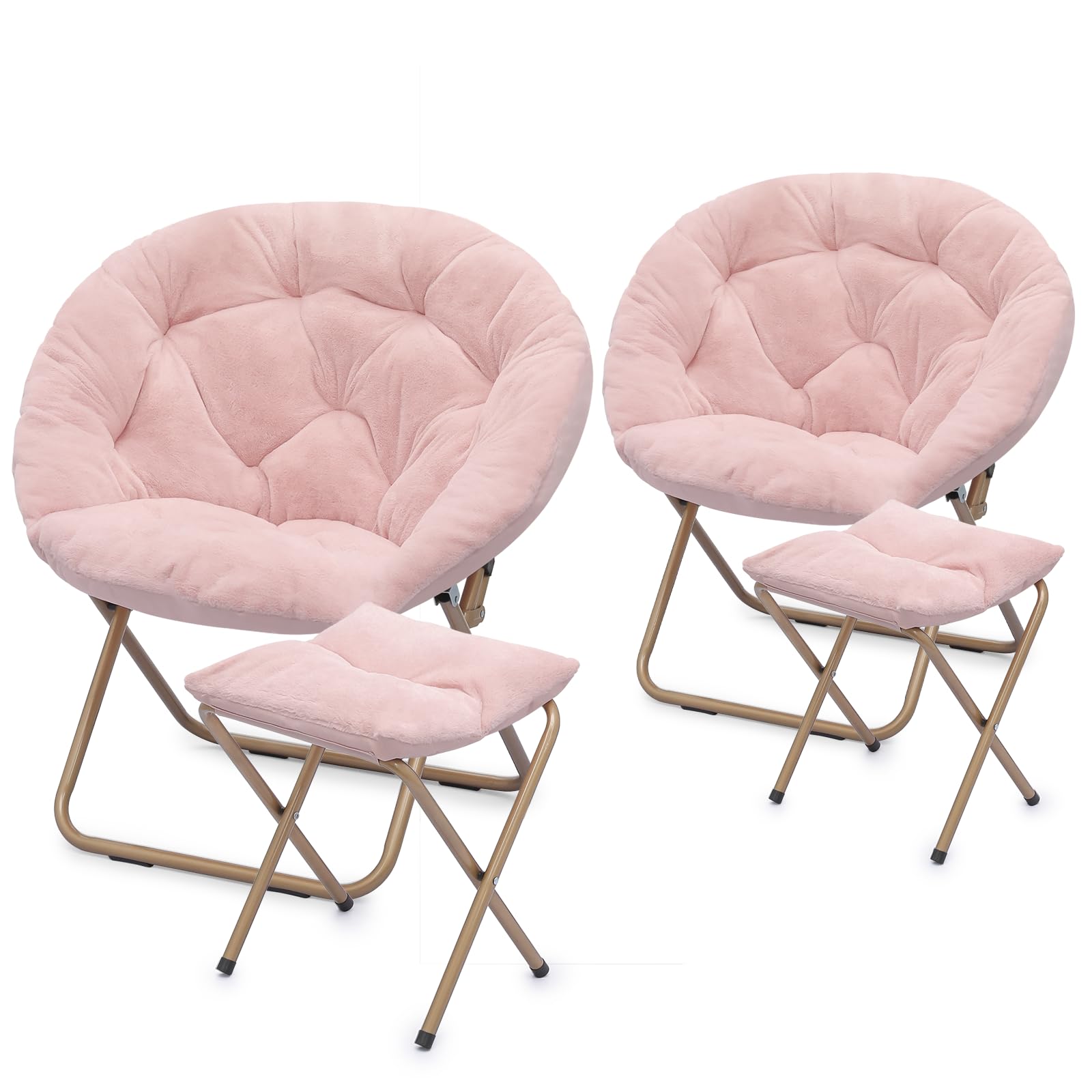 Athena Collection Saucer Chair with Ottoman Comfy Chair for Bed Room Living Room Folding Round Cozy Chair Faux Fur Metal Frame Foldable Lazy Chair Accent Chair Reading Chair Set of 2, Pink