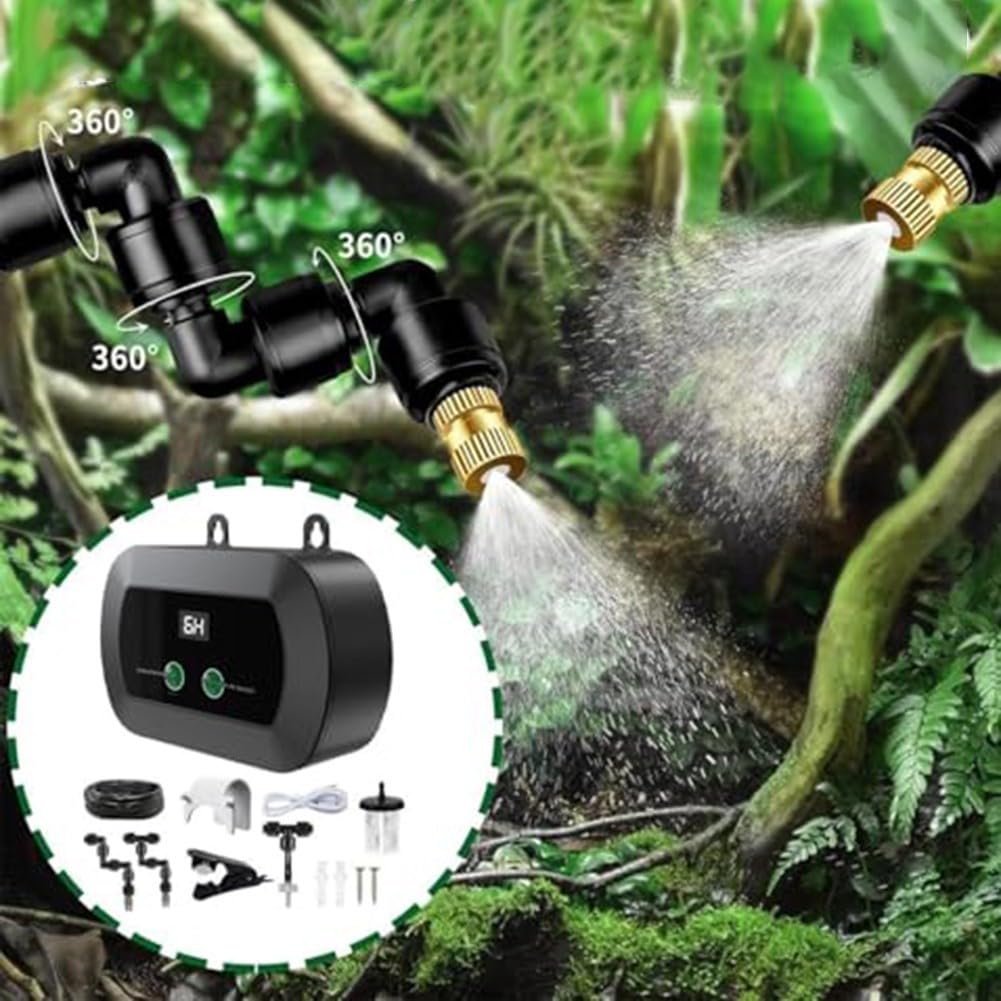 Humidificador automático de terrario con temporizador y boquilla ajustable de 360° para reptiles, invernadero, vivero, material ABS, funcionamiento silencioso