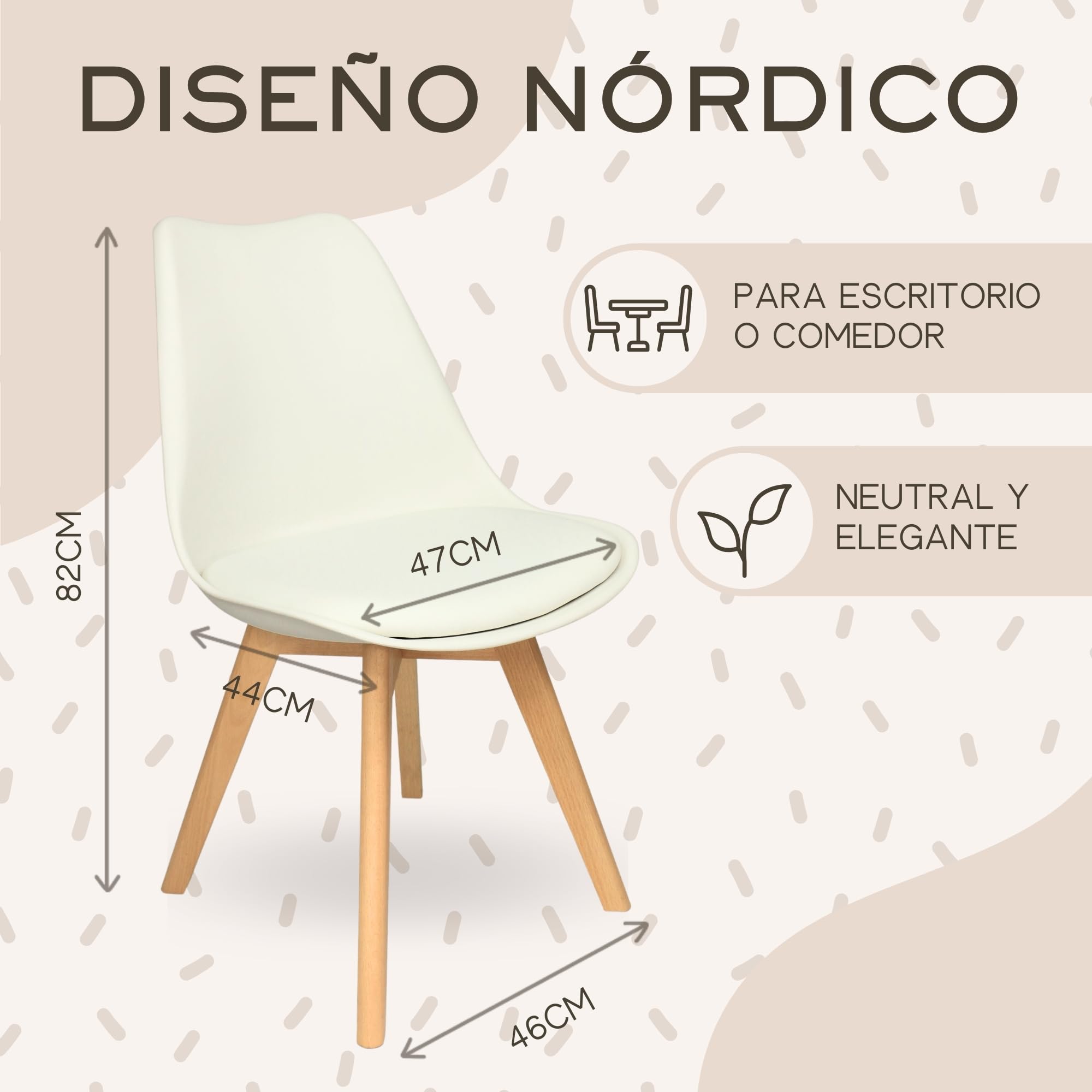 HOME DESIGN & CONFORT ®Sillas de Comedor Nórdicas con Respaldo Ergonómico con Material PU y Patas con 2,8cm de Anchura | Sillas de Cocina con Madera de Haya Maciza (6 Sillas Blancas)