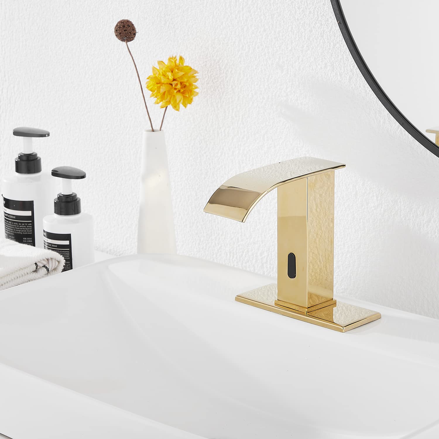 Sensore automatico Oro Lucido Touchless Bagno Lavandino Rubinetto con Coperchio Foro Rubinetto Vanity Mani Free Cascata Bagno Rubinetto Acqua con Scatola di Controllo e Miscelatore Temperatura