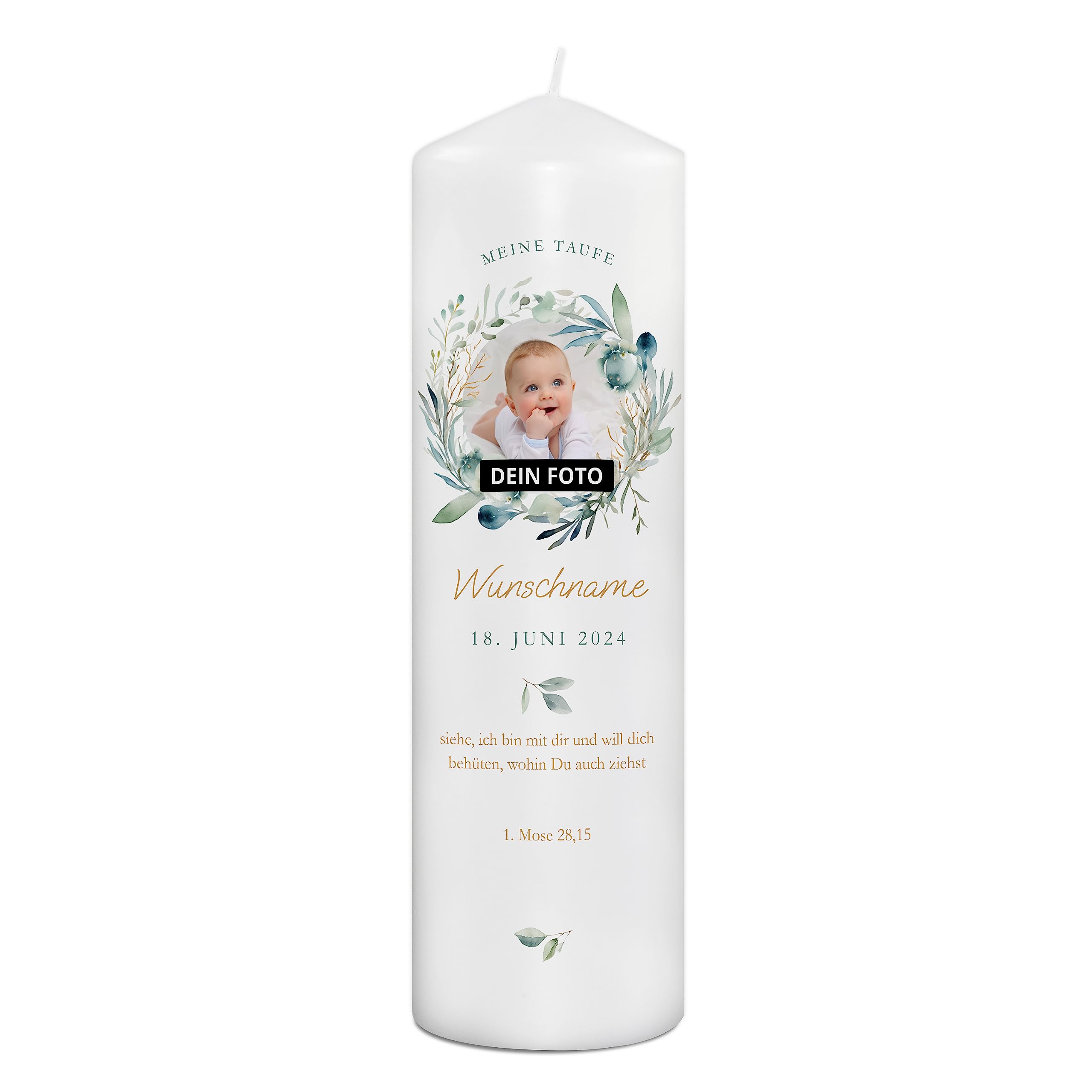 PhotoFancy® - Personalisierte Taufkerze mit eigenem Namen und Foto bedrucken lassen - Tauf-Kerze selbst gestalten - 29 cm Höhe - Design 'Olivenkranz' mit Foto