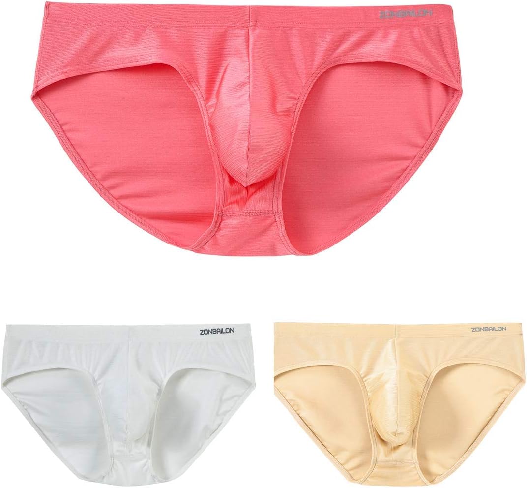 ZONBAILON Mens Ice Silk Bulge Enhancing Underwear Sexy Big Bulge Pouch Low Rise Briefs Pack M