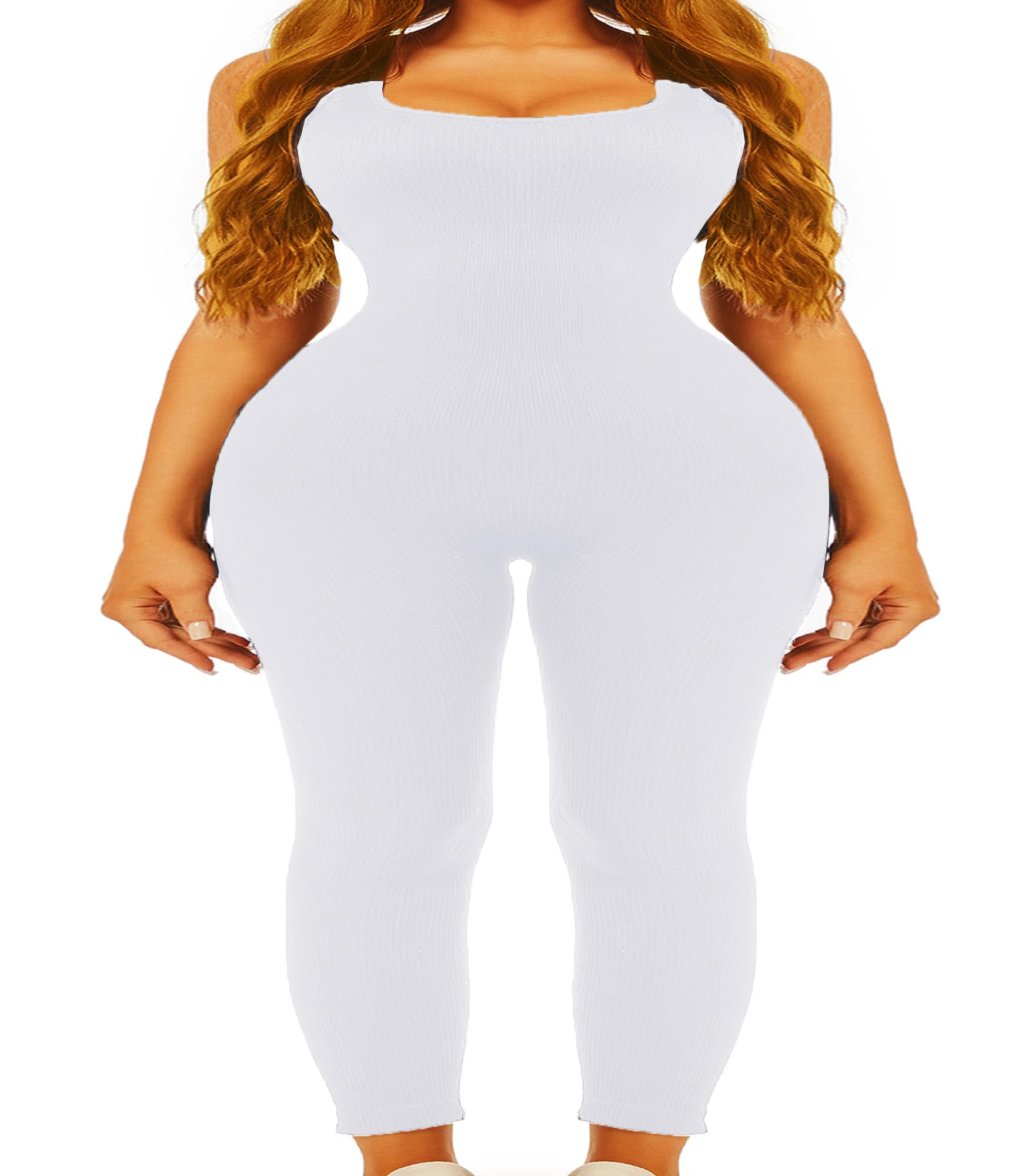 Jengo Yoga One Piece Outfits Full Body Jumpsuits Tank Top Rompers Bodycon Bodysuit Workout Set Catsuit Leggings (Off White, Medium)
