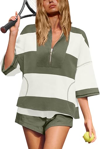UNIANKIYA Womens 2 Piece Workout Sets Striped Lounge Set Matching Set Summer Top and Short Set with Pockets Two Piece Outfits