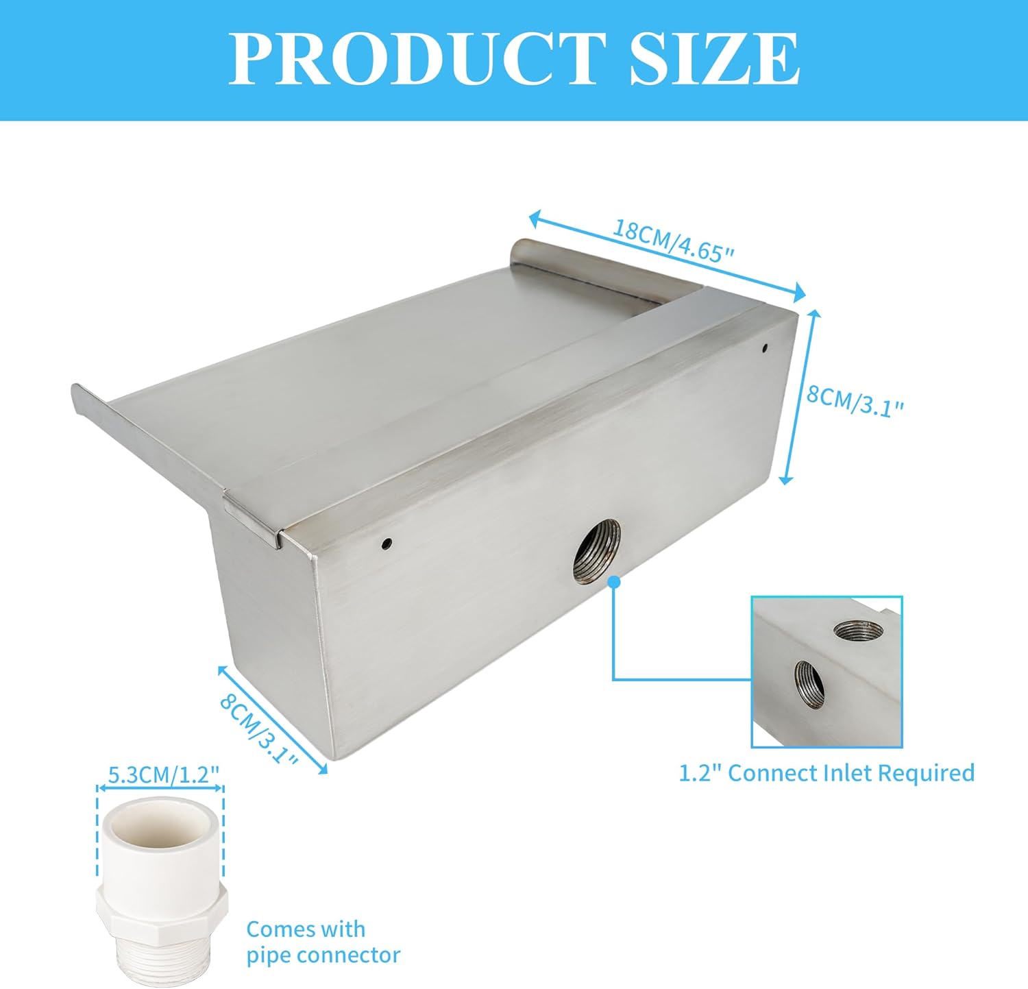 12 Inch Pool Fountain 304 Stainless Steel Waterfall Spillway with Pipe Connector Kits, Wider Water Flow Sheer Descent Platform Water Feature Fountain for Swimming Pool, Outdoor Garden Decor