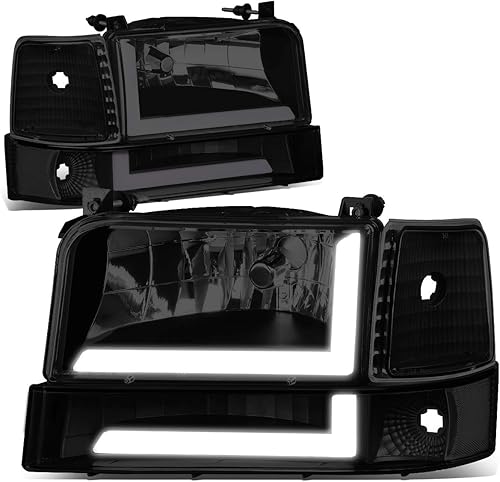 DNA MOTORING Par de faros delanteros de barra de luz de marcha LED duales compatibles con 92-96 F150 F250 F350 Bronco, NegroAhumado,