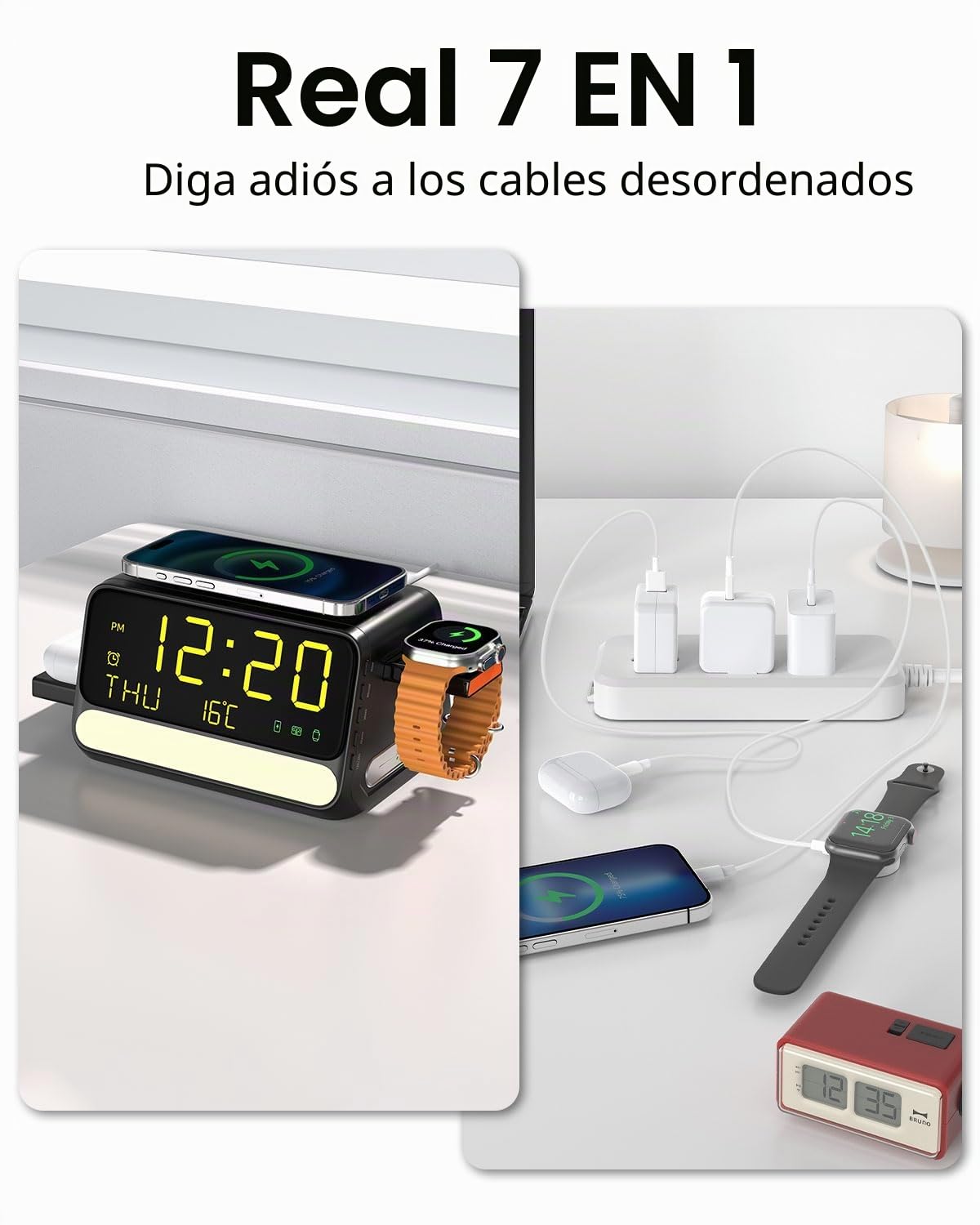 Estación de carga inalámbrica 7 en 1 con despertador, luz nocturna con control de voz, temperatura y fecha, adaptador de 33W, soporte de carga rápida compatible con iPhone Samsung, Apple/Samsung Watch