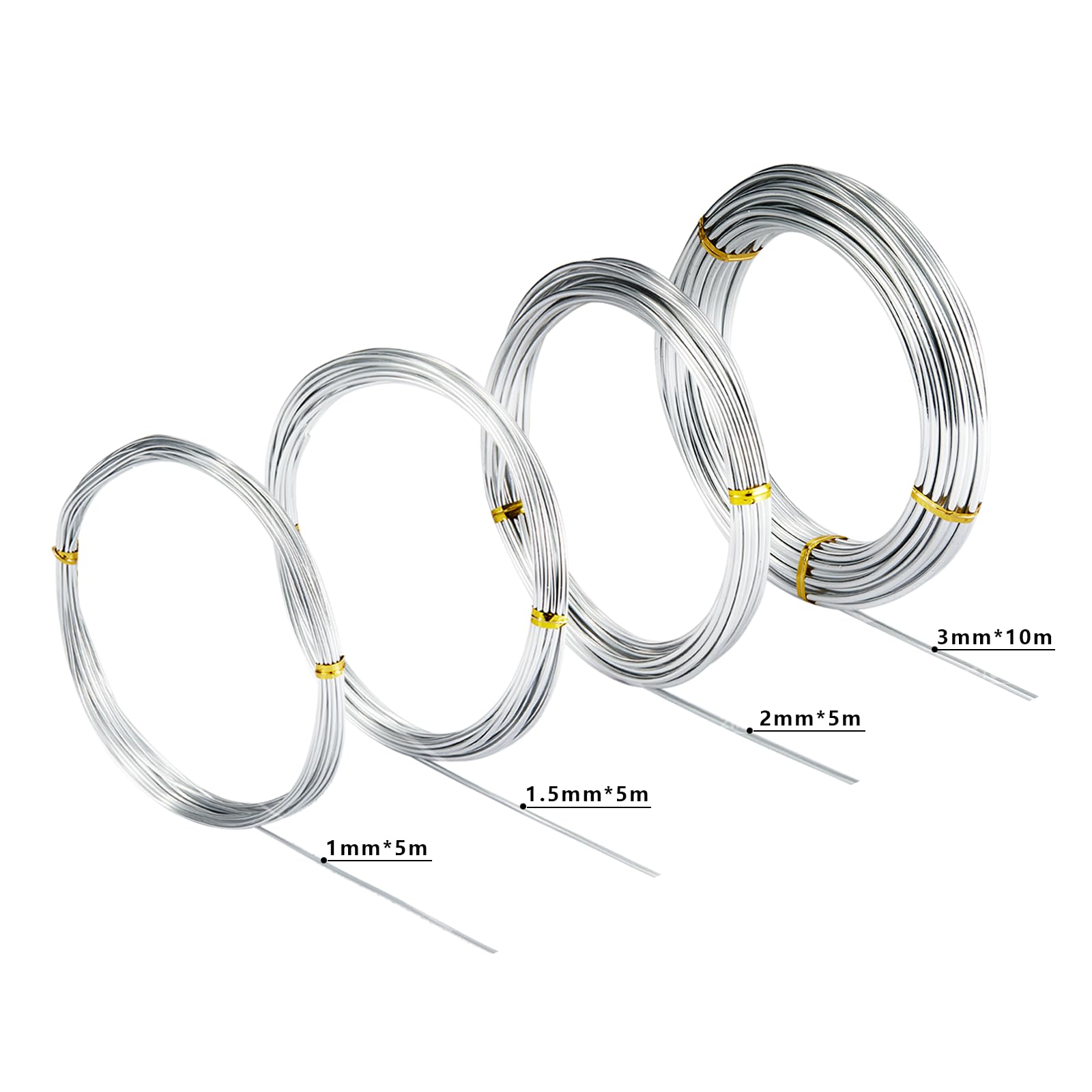 4 Pcs Aluminum Craft Wires, 3mm*10m, 2mm*5m, 1.5mm*5m, 1mm*5m, Bendable Craft Wire for Sculpting Armature DIY Jewelry Making (Silver)
