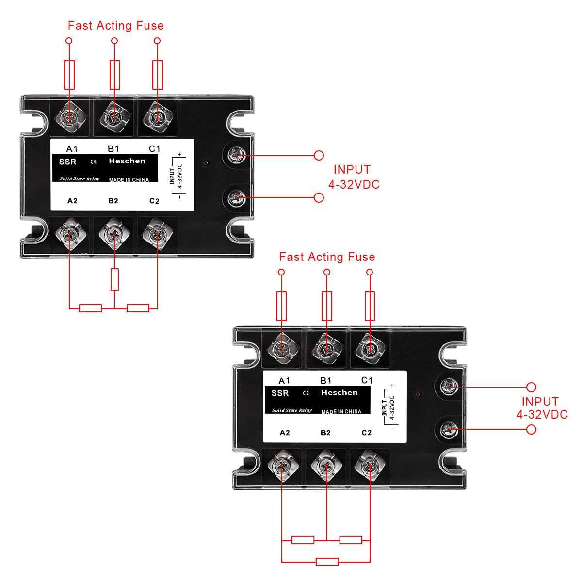 Heschen Relè a stato solido trifase CC/CA, JGX-48 60 A, controllo 3,5-32 V CC, carico 480 V CA 60 A, corrente di dispersione 2 mA, per controllo riscaldamento elettrico, controllo motore