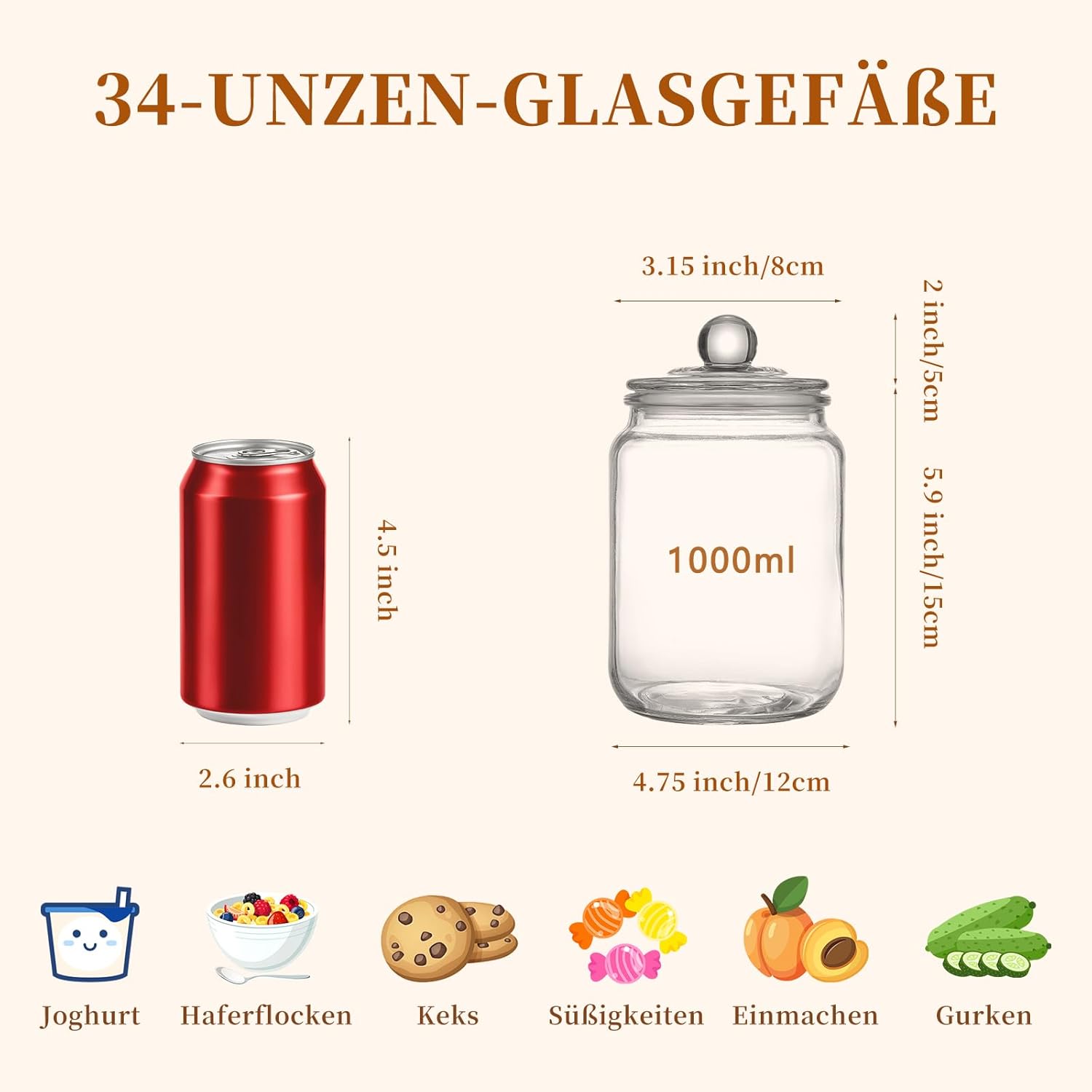 Glass Jars with Airtight Lid Set of 4, Food Jars 34 oz, Pickle Jars, Canning Jars, Glass Containers, Suitable for Kitchen, Pickles, Flour, Grains, Pasta, Sugar, Herbs, Coffee - Image 3