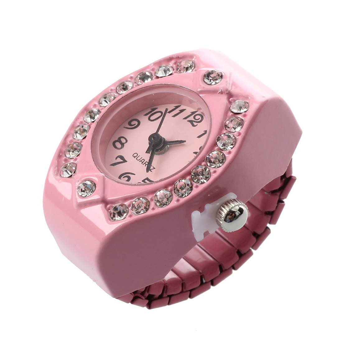Cvoepobey Women Pink Alloy Quartz Pocket Finger Ring Watch Rhinestone Round Dial