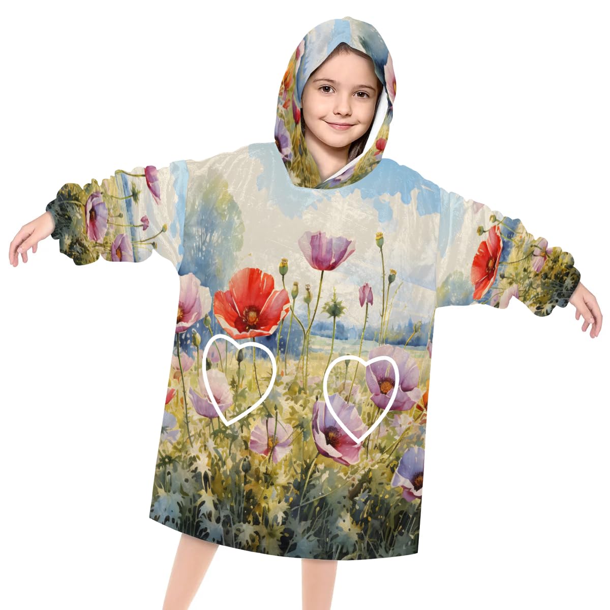 Wearable Blanket Hoodie for Kids, Watercolor Florals Fleece Sweatshirt Blanket Oversized Blanket Sweatshirt with Pocket Flannel Warm Hooded Blanket 6-10 Year Old Girl Boy Gift, One Size