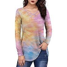 Summer Tops for Women V Neck Long Sleeve Tunic T Shirts Plus Size Casual Floral Baggy Blouses