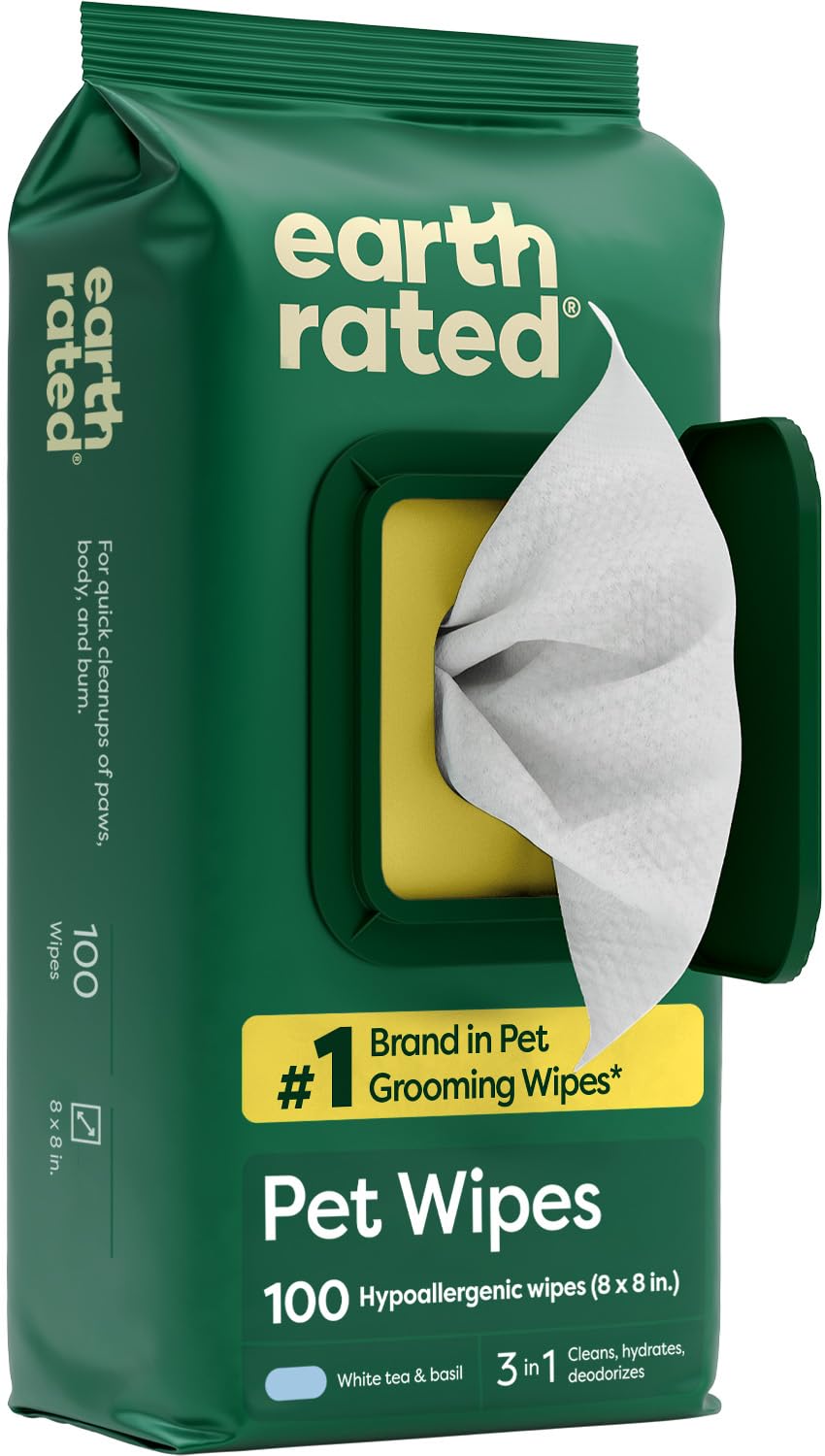 Earth Rated Pet Wipes for Dogs and Cats, Hypoallergenic, 3-in-1 Cleaning, Deodorizing and Hydrating, for Grooming Paws, Body and Butt, New White Tea