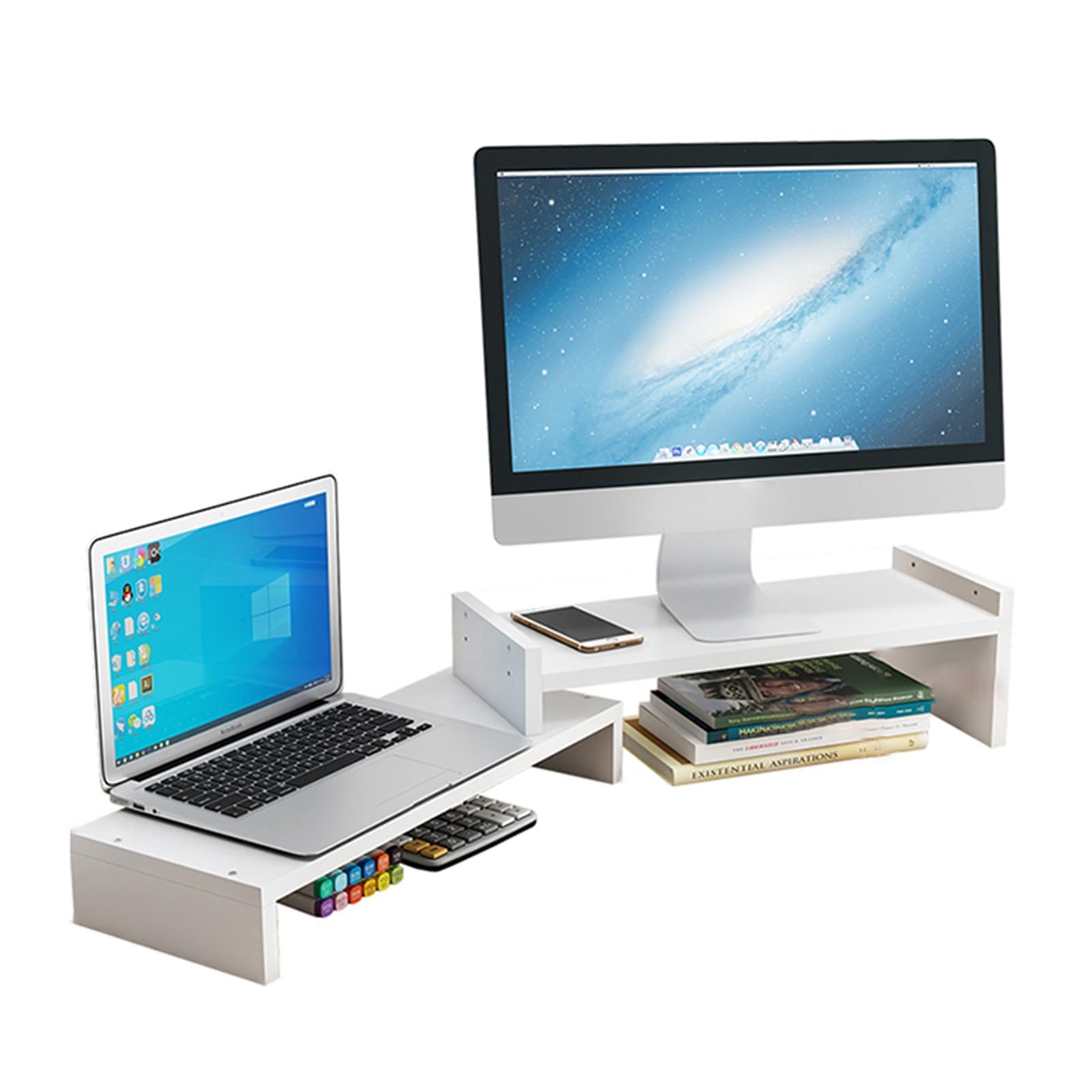 Supporto Per Doppio Monitor In Legno - Regolabile In Altezza E Angolo, Con Spazio Di Archiviazione - Foto 11