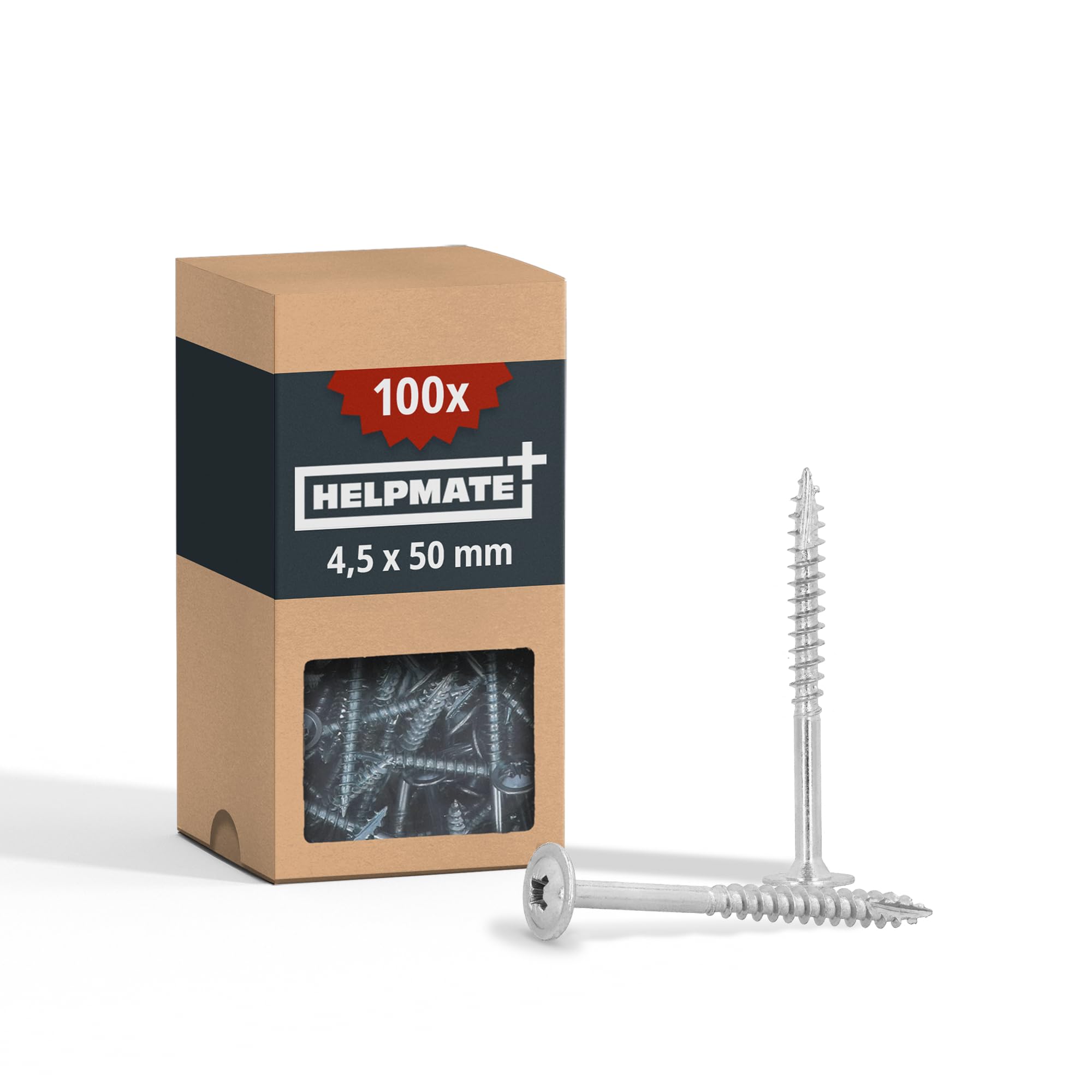 HELPMATE - Wood connector screws, flat head, 4.5x50, electro-galvanized - 100 pieces Wood screws with PZ2 drive and cutting notch - For fastening metal fittings to wood