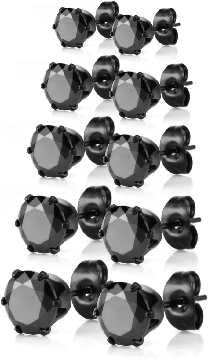 JewelrieShop 5 Pairs Black Cubic Zirconia Stud Earrings Hypoallergenic Surgical Steel for Sensitive Ears 3-7mm
