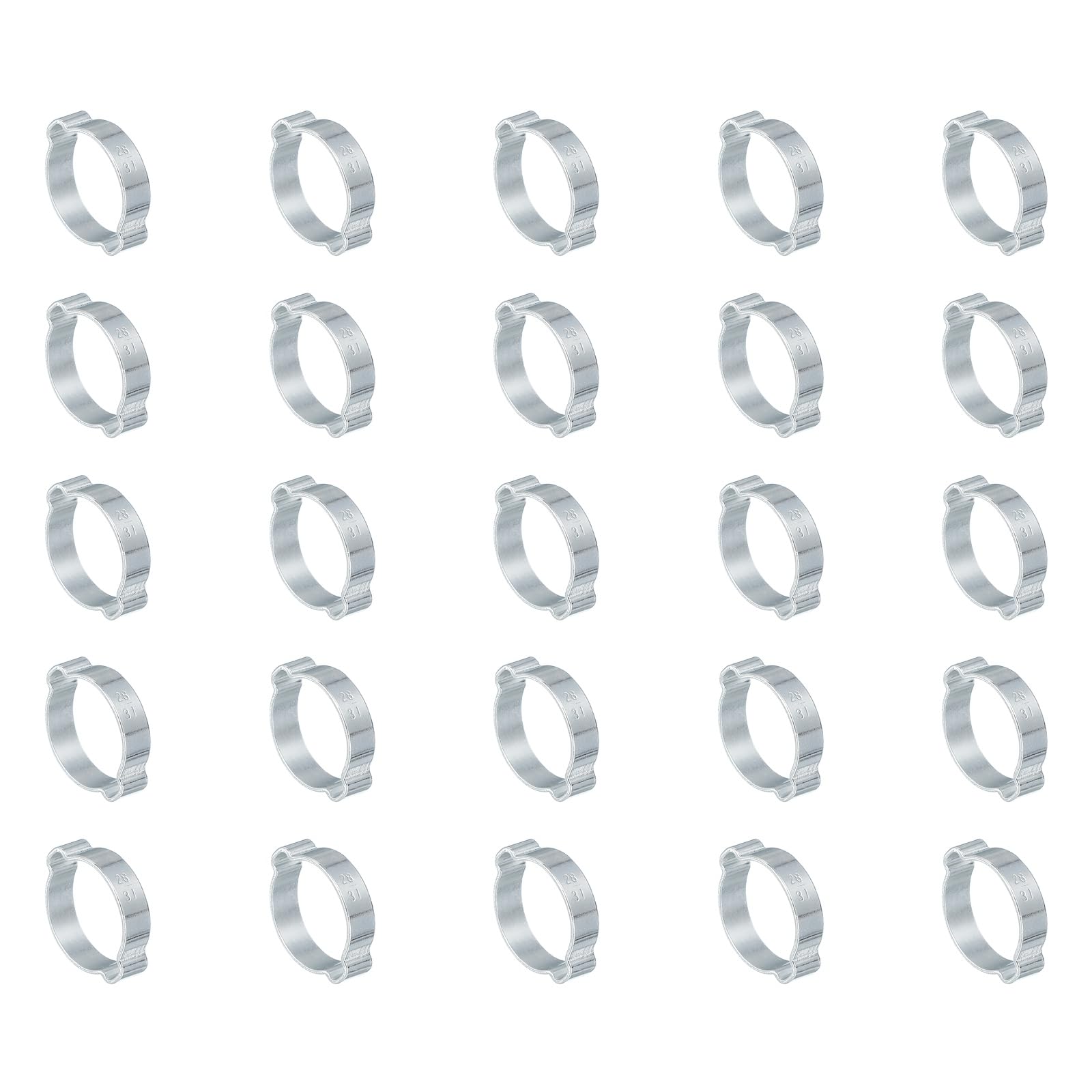 PATIKIL 25 Pack 28-31mm Double Ear Hose Clamp, Galvanized Steel O Clip Crimp Rings for Fuel Petrol Pipe Tube Fitting Connections, Silver Tone
