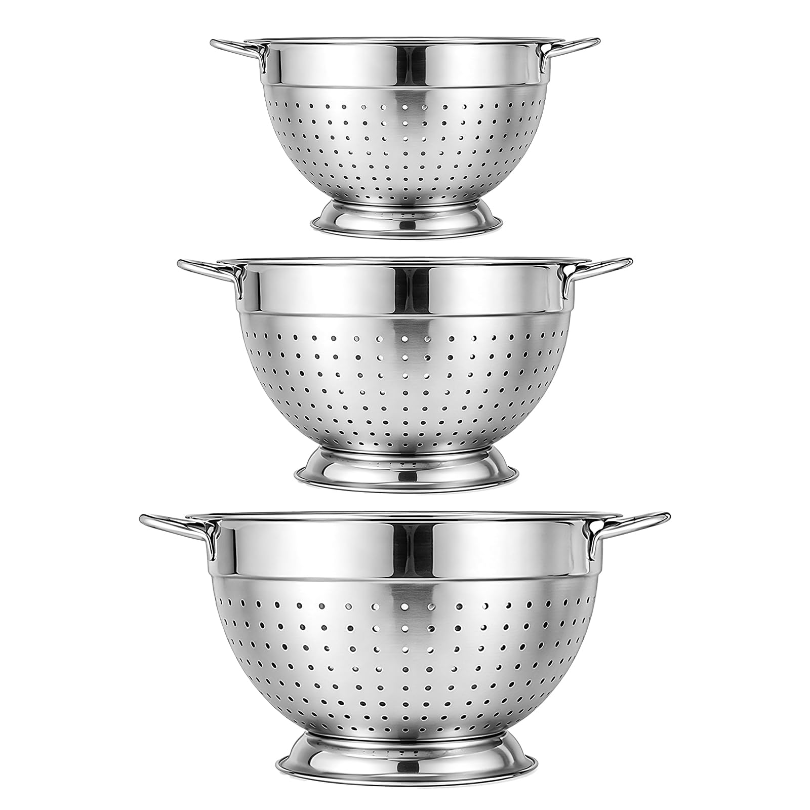 3PCS Stainless Steel Colander Set, Food Strainer with Handle & Round Base