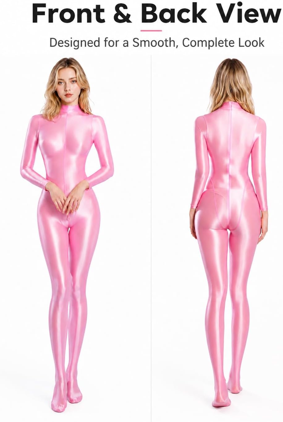 FEOYA Women's Oil Shiny Glossy Sexy Full Bodysuits Catsuit Stain Zipper Leotard Long Sleeve High Neck