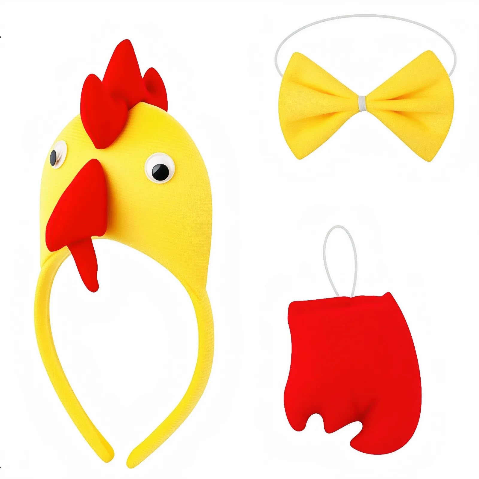 HAICN 3Pcs Chicken Costume 3D Yellow Rooster Headband Bow Tie & Tail Set Lightweight Comfortable Animal Cosplay Accessories Funny Dress for Easter Halloween Carnival Farm Role-Playing Events.