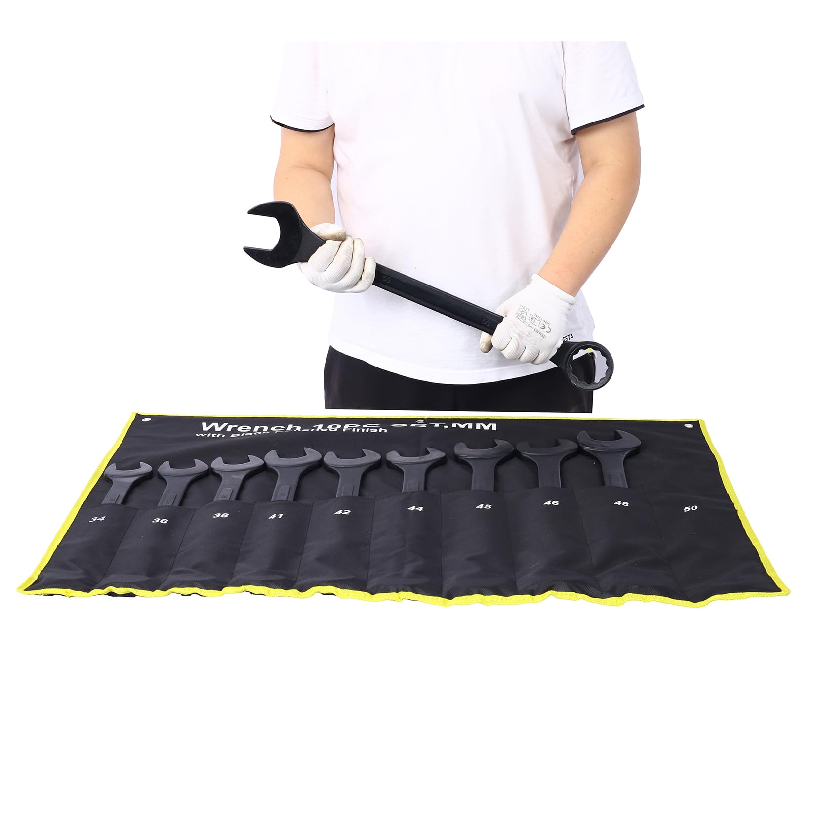Juego de llaves jumbo de 10 piezas, juego de llaves combinadas grandes de 34-50 mm, acabado métrico de óxido negro con bolsa