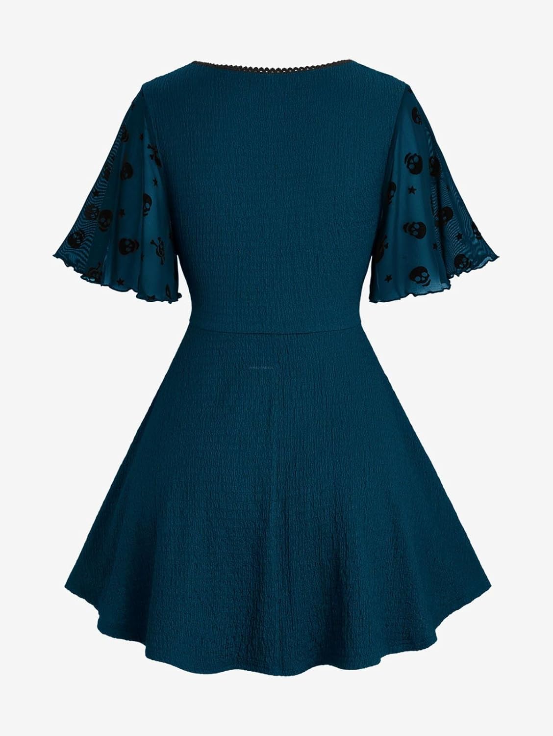 ROSE GAL Women Plus Size Gothic Blouse Skulls Mesh Flocking Flutter Sleeves Lace Up Crinkle Textured Goth Swing Top