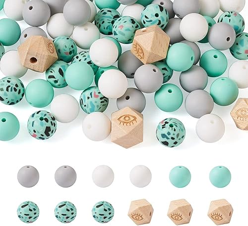 Fashewelry 65 cuentas de silicona Turquois de 0.59 pulgadas para hacer llaveros de colores mixtos redondos de goma y cuentas de madera octágonas con