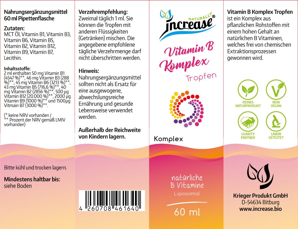 Liposomale Vitamin B Komplex Tropfen hochdosiert - (6.900mg Vitamin B pro Packung) 230mg pro Tagesdosis mit Vitamin B1, B2, B3, B5, B6, B7, B9 und B12 - MCT Öl - Hohe Bioverfügbarkeit