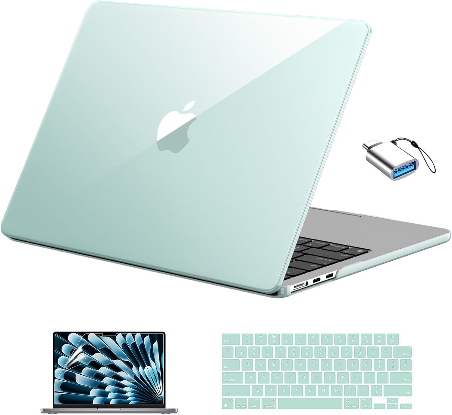 EooCoo Compatible with MacBook Air 13 inch Case 2026 2025-2022 M4 M3 M2 Model A3240 A3113 A2681, Mac Air 13.6 inch Clear Hard Shell & Keyboard Cover & Screen Film & Type-C, Crystal Sage