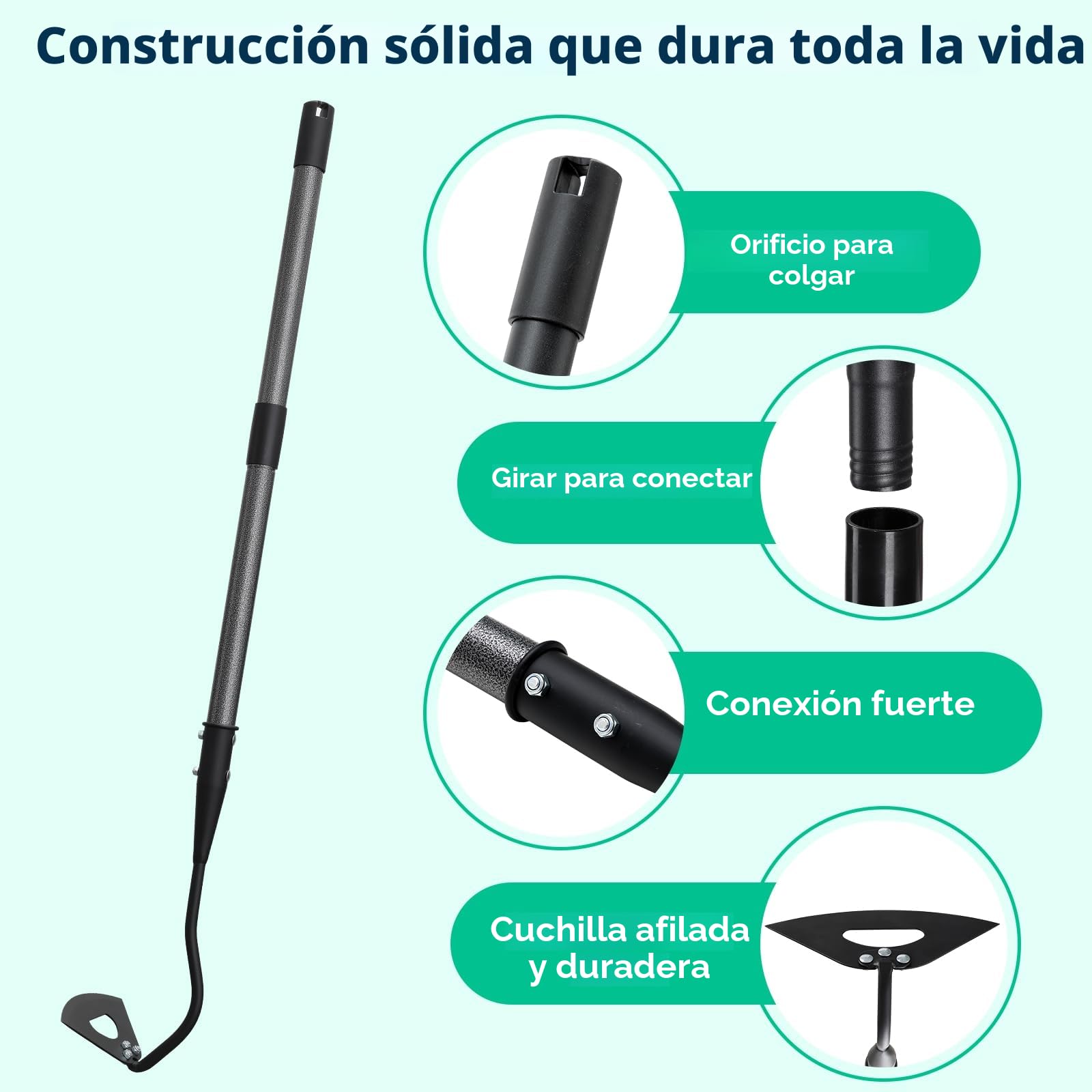 Azada de jardín, azada de jardín con mango de 140 cm, azada hueca endurecida para eliminar malezas, aflojar el suelo, cavar, plantar, hacer surcos, práctico dispositivo para eliminar malezas