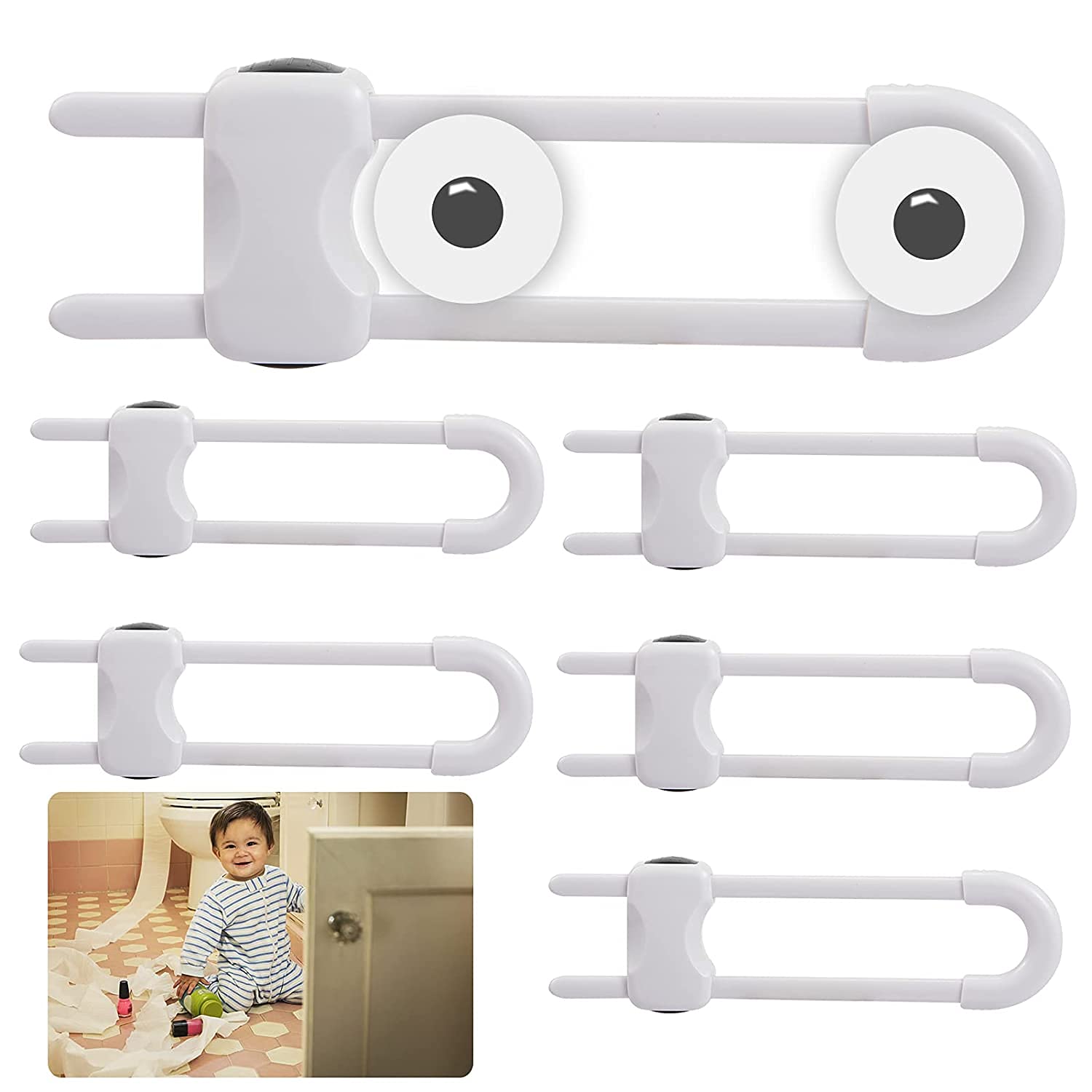 Yoawllty 6 Pack U-Shaped Sliding Cabinet Locks- Multifunctional Child Safety Latch Lock Adjustable Baby Proofing Latches for Home Cabinets Cupboard Fridge Doors Windows Knobs and Handles (White)